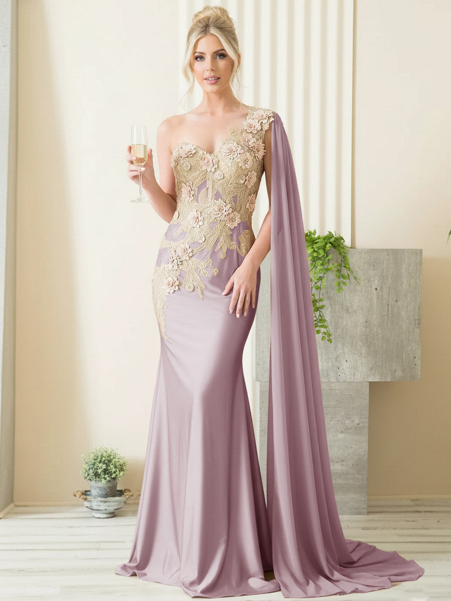 Mermaid 3D Floral One Shoulder Floor-Length Formal Evening Dresses with Cape