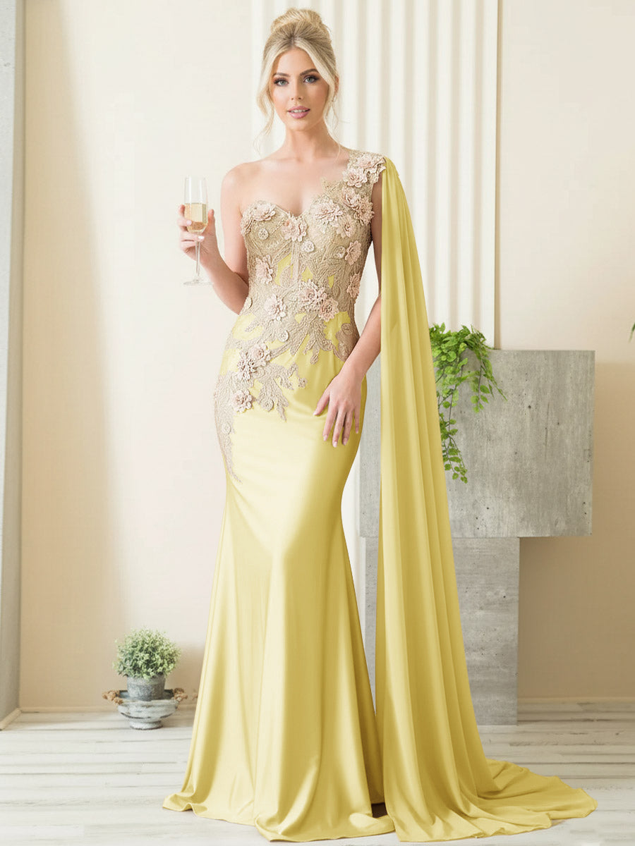 Mermaid 3D Floral One Shoulder Floor-Length Formal Evening Dresses with Cape