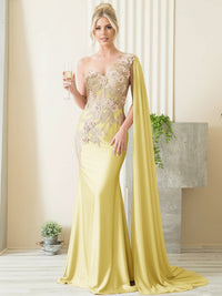 Mermaid 3D Floral One Shoulder Floor-Length Formal Evening Dresses with Cape