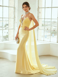 Sheath/Column Glitter One Shoulder Floor-Length Formal Prom Dresses with Cape
