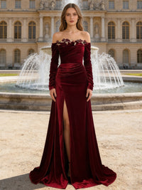 A-Line/Princess Long Sleeve Velvet Floor-Length Prom Dresses with Flower