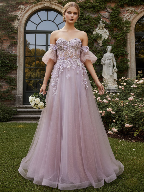 Fairy A-Line/Princess Cold Shoulder Floor-Length Prom Dresses with Flower