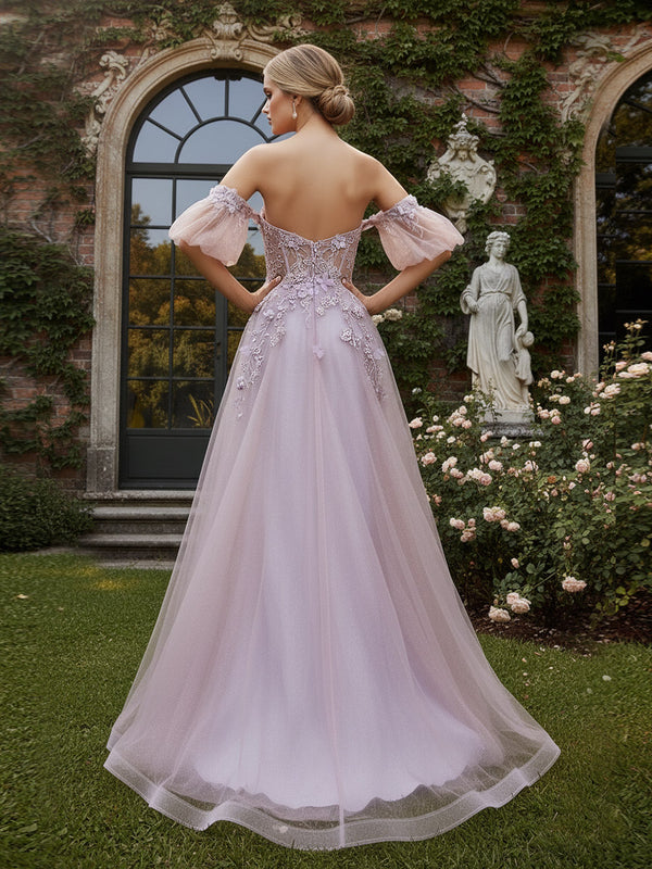 Fairy A-Line/Princess Cold Shoulder Floor-Length Prom Dresses with Flower