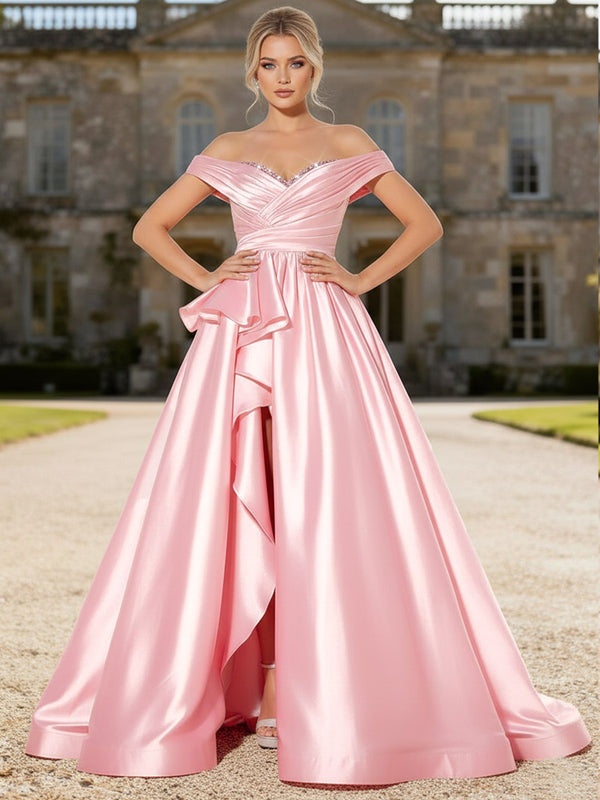 A-Line/Princess Ruffle Floor-Length Prom Dresses with Sequin Ball Gown