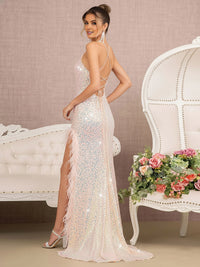 Sheath/Column Spaghetti Strap Sequin Maxi Prom Dresses with Feather-Trim