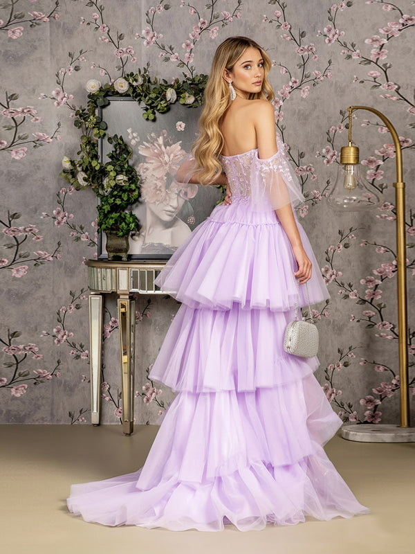 A-Line/Princess Tiered Floor-Length Fancy Prom Dresses with Short Sleeve