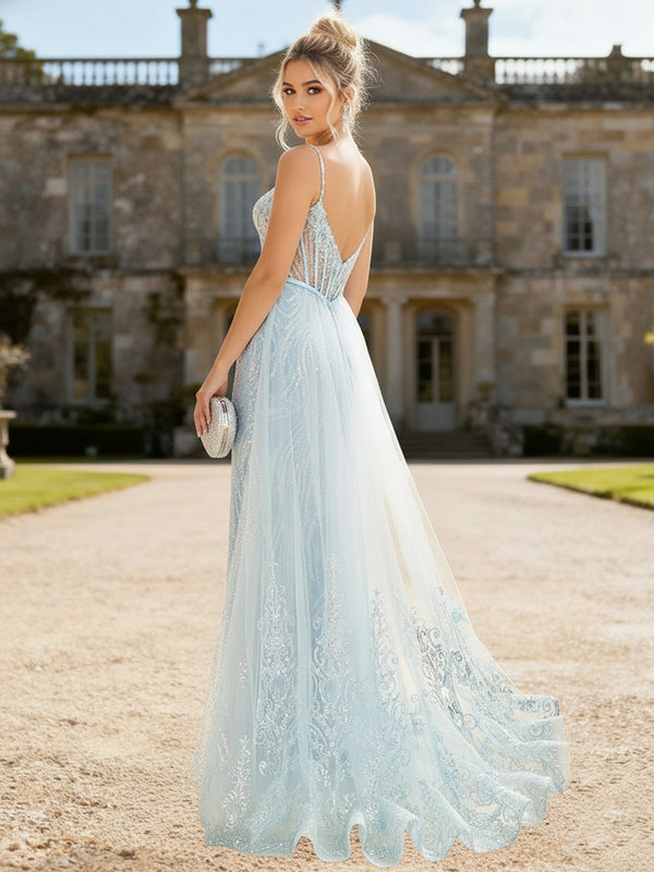 Mermaid Glitter Spaghetti Strap Floor-Length Prom Dresses with Train