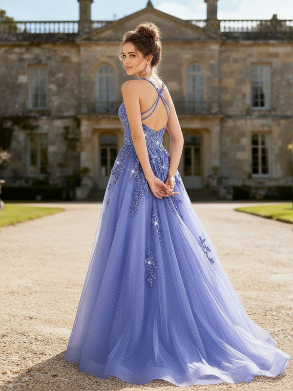 A-Line/Princess Halter Floor-Length Prom Dresses with Lace Appliques