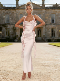 Sheath/Column Satin Ruffle Cowl Neck Floor-Length Corset Wedding Guest Dresses