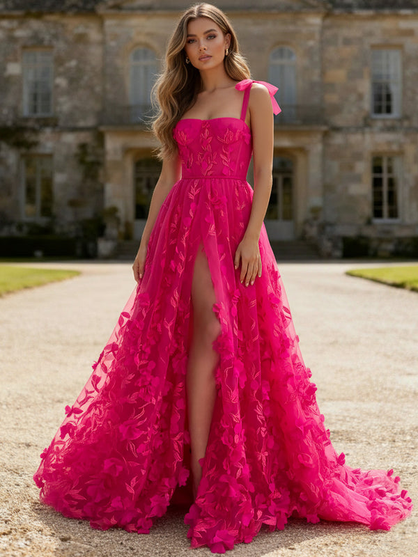 Fairy A-Line/Princess 3D Appliques Floor-Length Prom Dresses with Bow Strap
