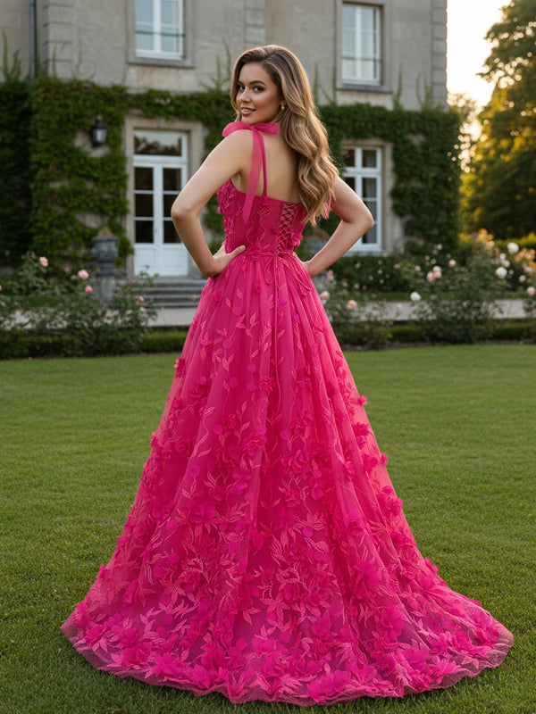 Fairy A-Line/Princess 3D Appliques Floor-Length Prom Dresses with Bow Strap