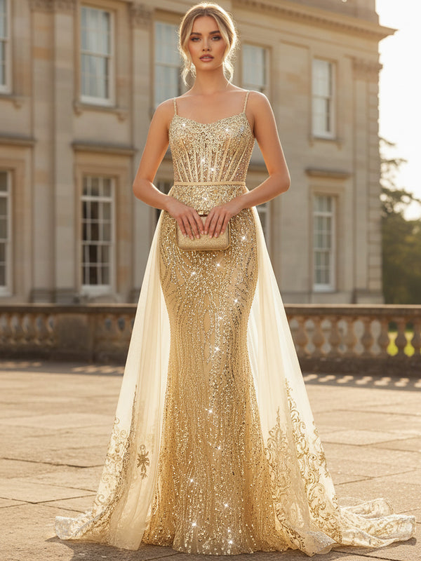 Mermaid Sparkly Spaghetti Strap Floor-Length Formal Evening Dresses with Train