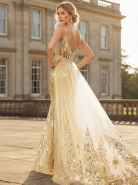 Mermaid Sparkly Spaghetti Strap Floor-Length Formal Evening Dresses with Train