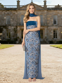 Sheath/Column Sparkly Strapless Floor-Length Evening Dresses with Velvet Scarf