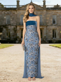Sheath/Column Sparkly Strapless Floor-Length Evening Dresses with Velvet Scarf