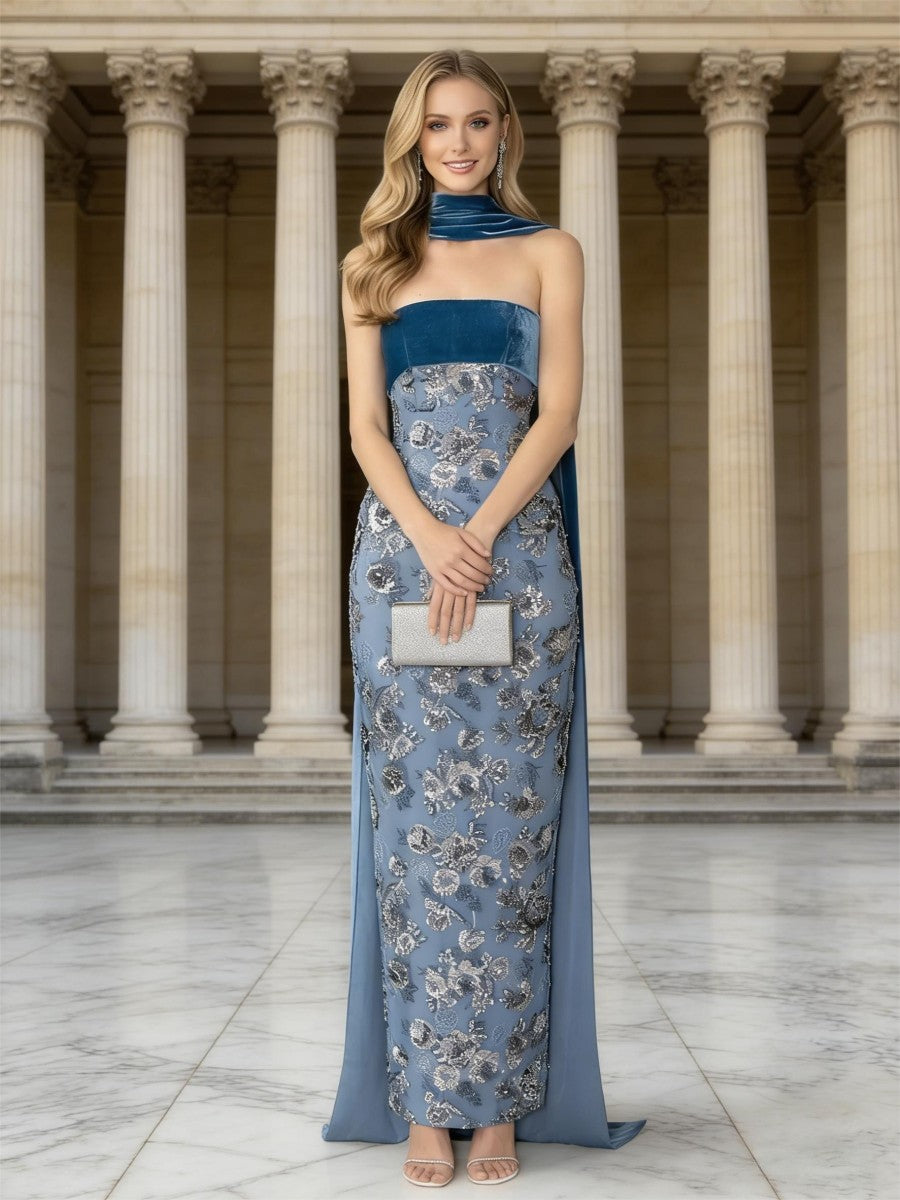 Sheath/Column Sparkly Strapless Floor-Length Evening Dresses with Velvet Scarf