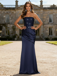Elegant Mermaid Pleated Strapless Floor-Length Evening Dresses with Beads