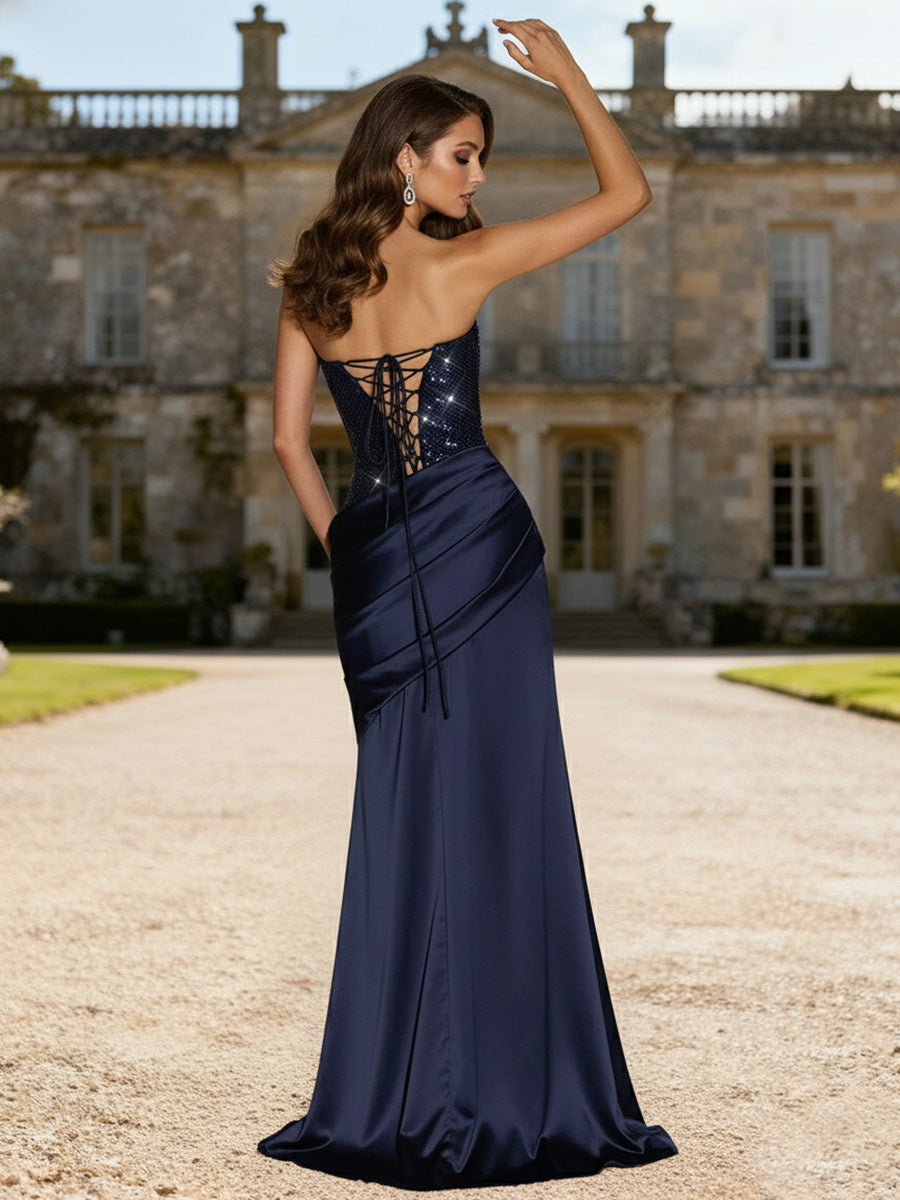 Elegant Mermaid Pleated Strapless Floor-Length Evening Dresses with Beads