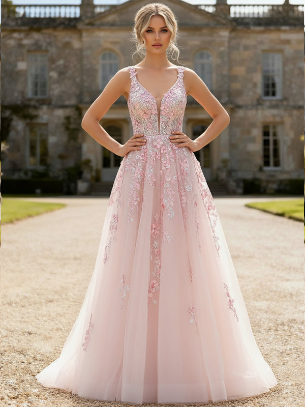 Fairy A-Line/Princess Floral Appliques Floor-Length Prom Dresses