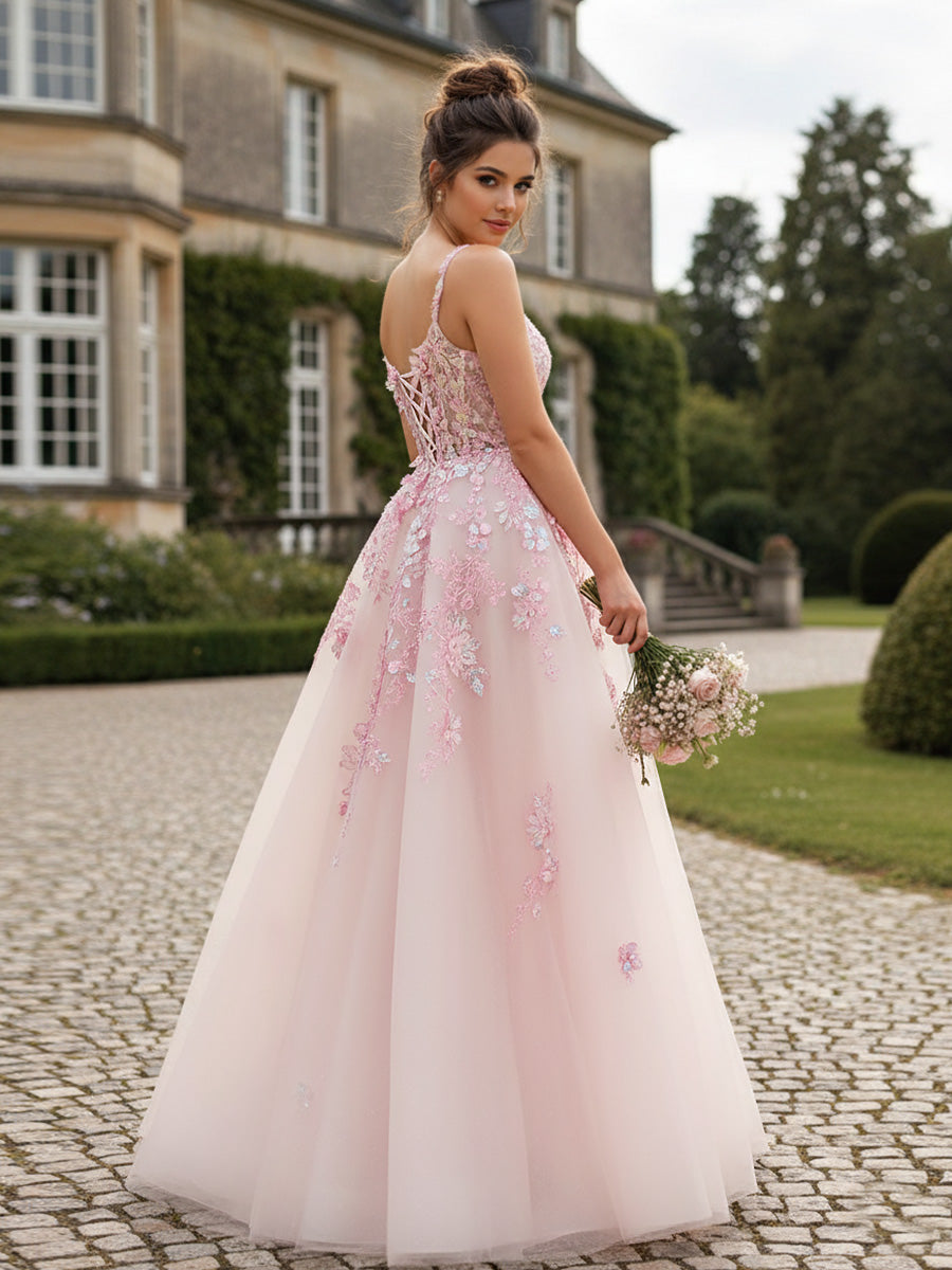 Fairy A-Line/Princess Floral Appliques Floor-Length Prom Dresses