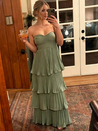 Sheath/Column Tiered Ruffle Pleated Floor-Length Fancy Prom Dresses Formal Gowns