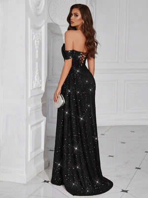 Vintage Sheath/Column Off Shoulder Corset Long Prom Dresses with Slit