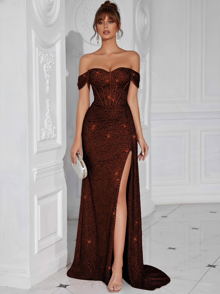 blue dress for baby girl Shirees Brown Vintage Sheath/Column Off Shoulder Corset Long Prom Dresses with Slit 2026