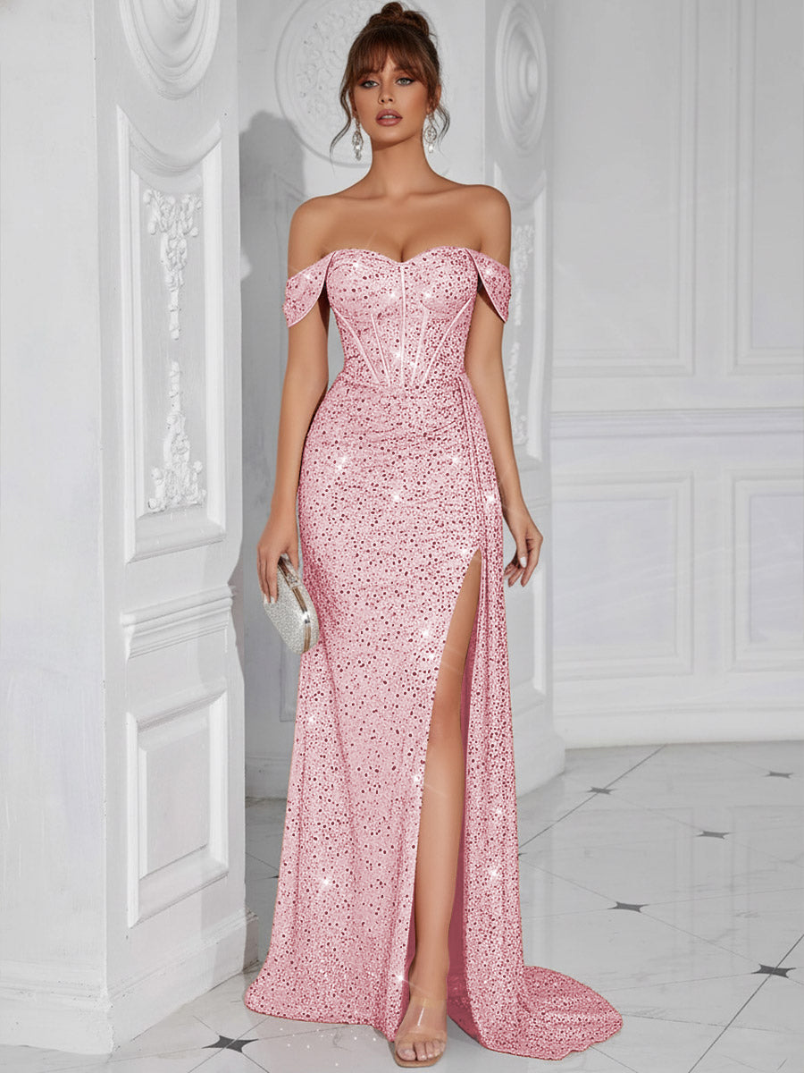 corset maxi prom dress Vintage Sheath/Column Off Shoulder Corset Long Prom Dresses with Slit –  Shirees