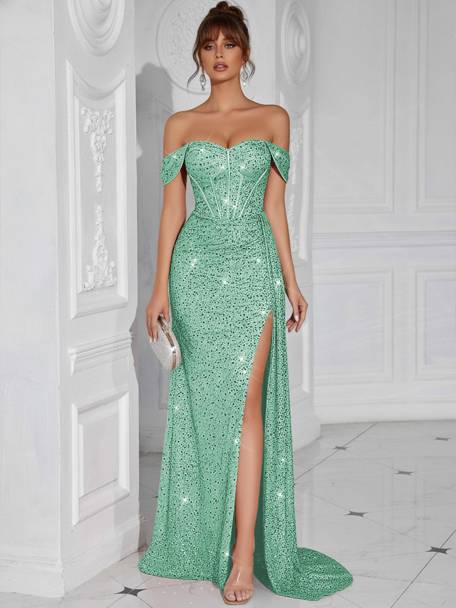 Vintage Sheath/Column Off Shoulder Corset Long Prom Dresses with Slit   Shirees
