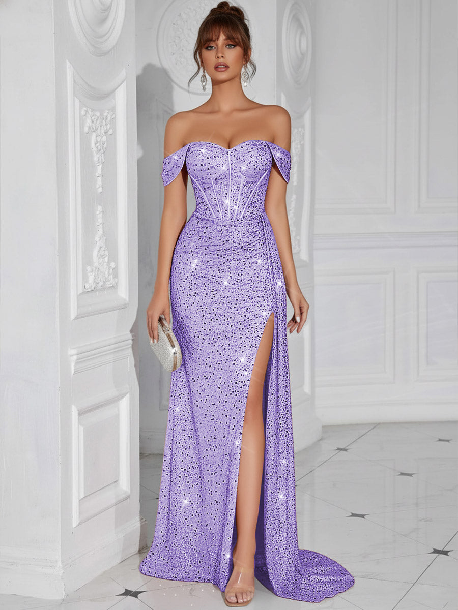 Shirees Lilac Vintage Sheath/Column Off Shoulder Corset Long Prom Dresses with Slit 2026 Shirees Lilac Vintage Sheath/Column Off Shoulder Corset Long Prom Dresses with Slit 2026