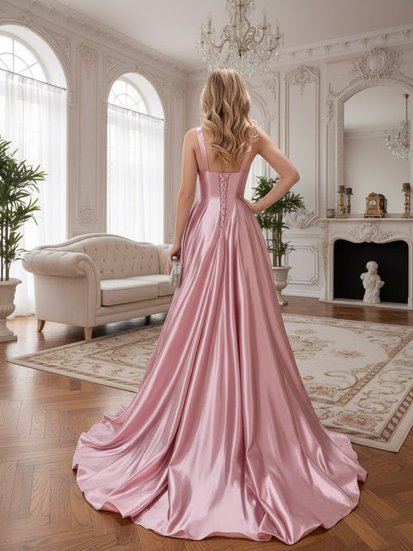 A-Line/Princess Satin Sweetheart Neck Floor-Length Corset Prom Dresses Birthday Gown