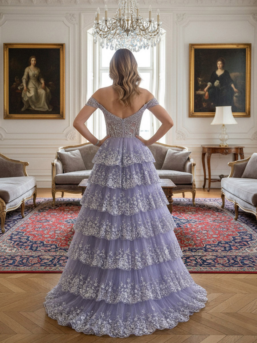 A-Line/Princess Tiered Off Shoulder Floor-Length Corset Prom Dresses with Sequin