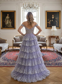 A-Line/Princess Tiered Off Shoulder Floor-Length Corset Prom Dresses with Sequin