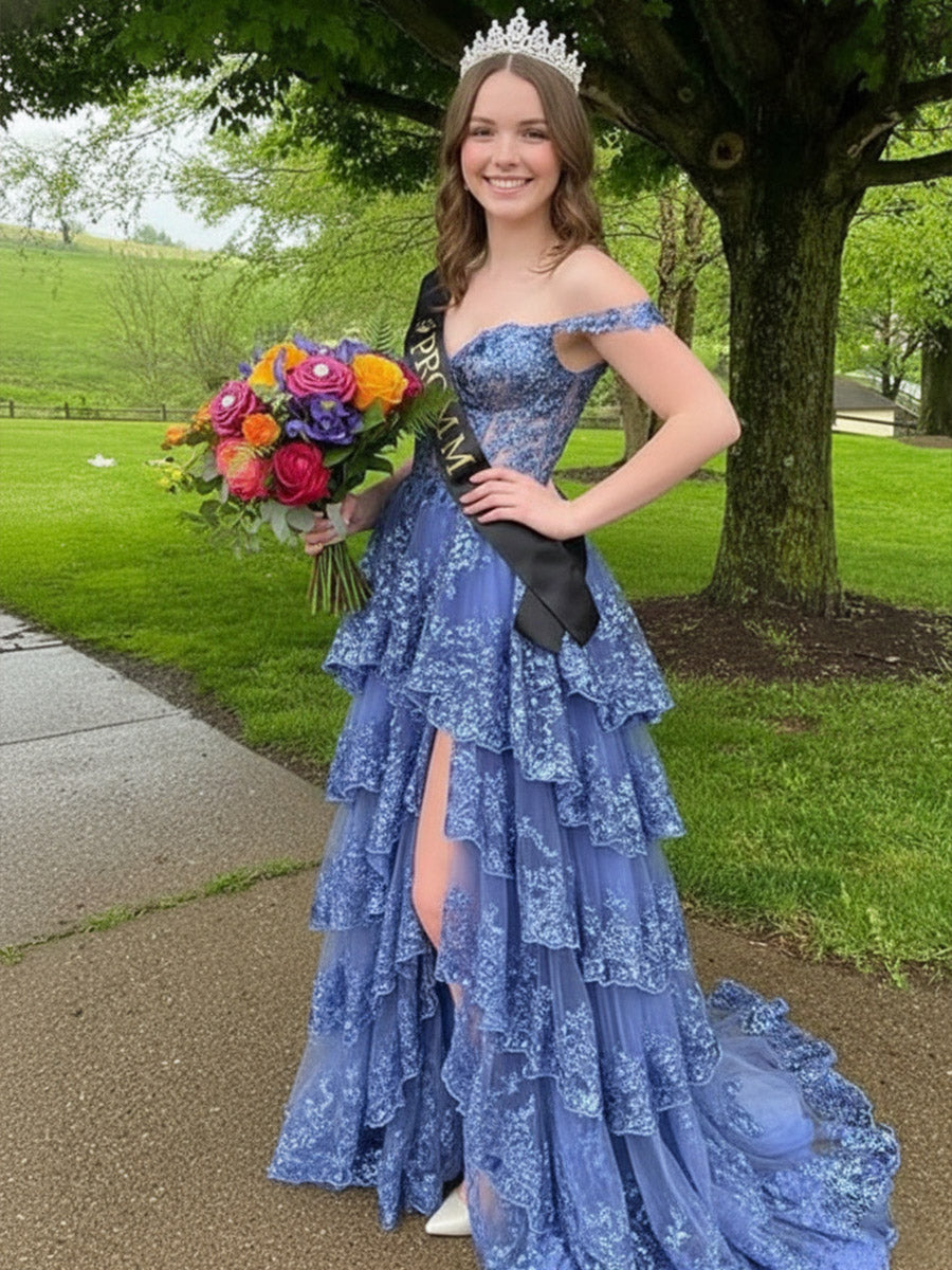 A-Line/Princess Tiered Off Shoulder Floor-Length Corset Prom Dresses with Sequin