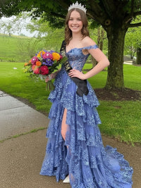 A-Line/Princess Tiered Off Shoulder Floor-Length Corset Prom Dresses with Sequin