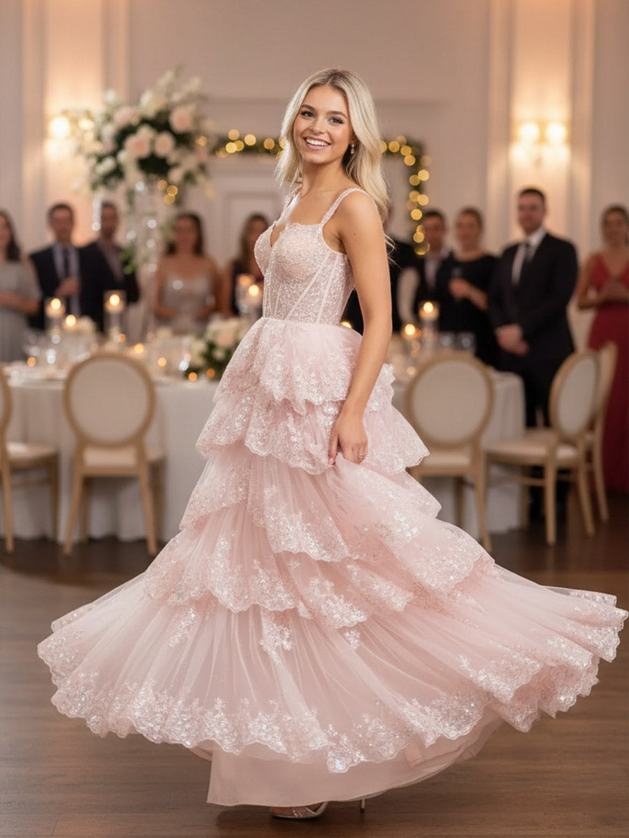 A-Line/Princess Tiered Off Shoulder Floor-Length Corset Prom Dresses with Sequin