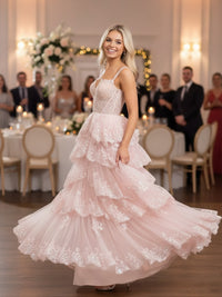 A-Line/Princess Tiered Off Shoulder Floor-Length Corset Prom Dresses with Sequin