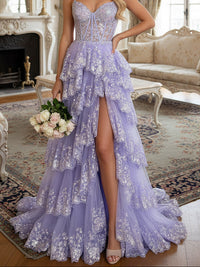 A-Line/Princess Tiered Off Shoulder Floor-Length Corset Prom Dresses with Sequin