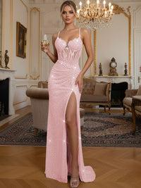 Sparkly Mermaid Sweetheart Corset Long Prom Dresses with Sequin