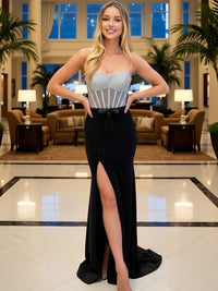 Sheath/Column Sequin Spaghetti Strap Floor-Length Formal Prom Dresses with Bow