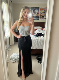 Sheath/Column Sequin Spaghetti Strap Floor-Length Formal Prom Dresses with Bow