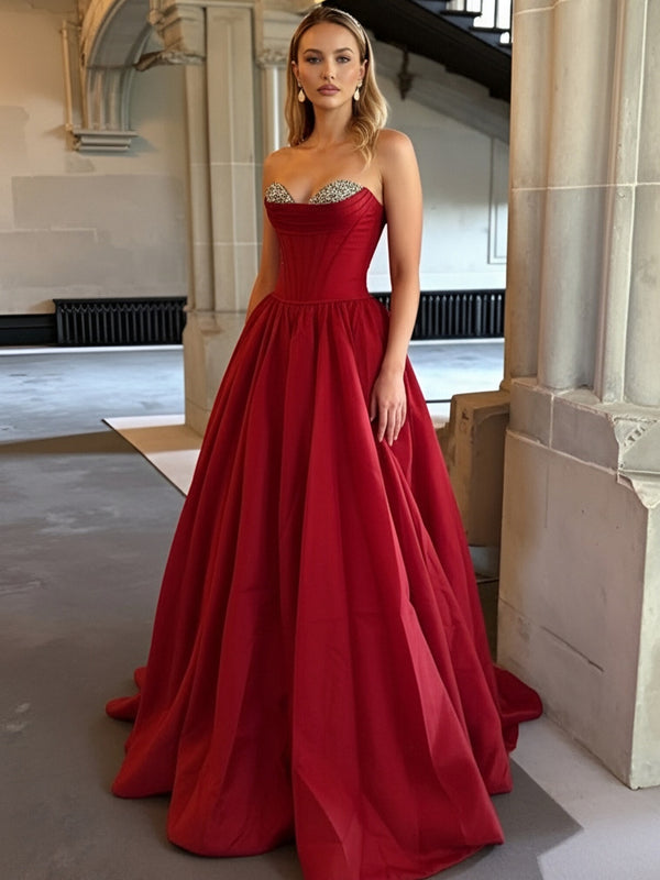 A-Line/Princess Satin Sweetheart Neck Floor-Length Corset Prom Dresses with Sequin