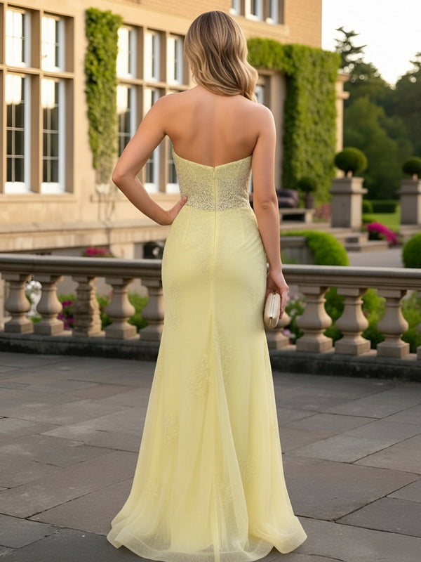 Sheath/Column Cut Out Strapless Floor-Length Formal Prom Dresses with Lace Appliques