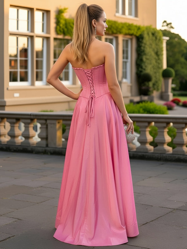 A-Line/Princess Strapless Split Floor-Length Corset Prom Dresses with Side Bow