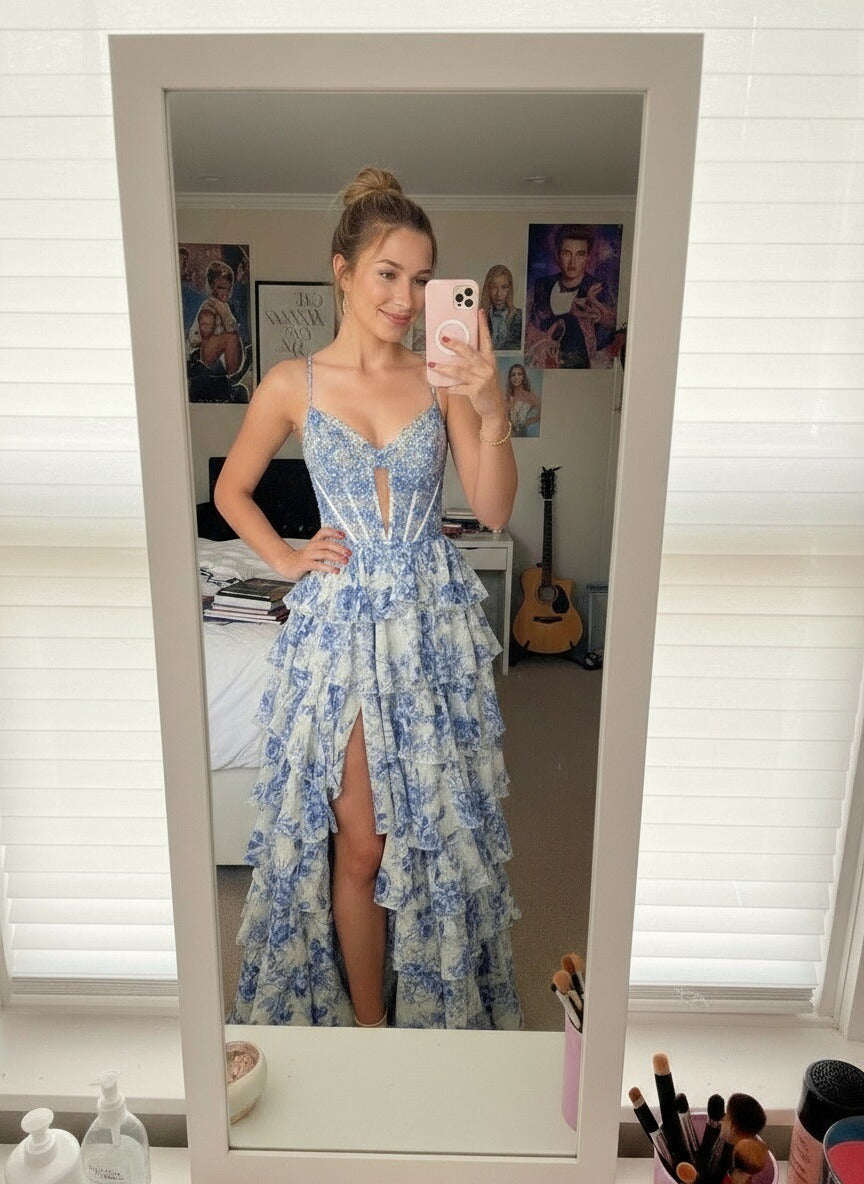 A-Line/Princess Sweetheart Neck Floor Length Prom Dresses with Tiered Hem