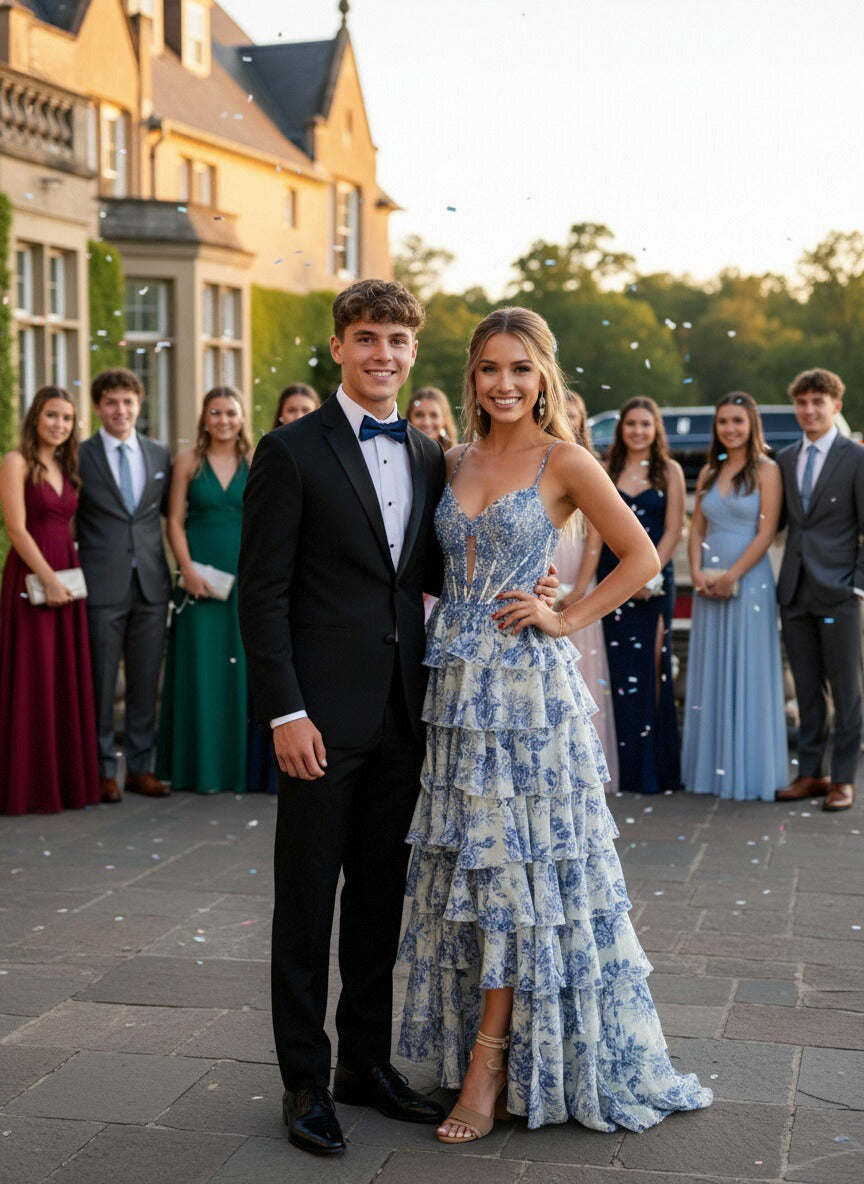 A-Line/Princess Sweetheart Neck Floor Length Prom Dresses with Tiered Hem