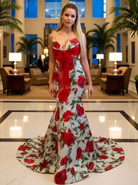 Mermaid Plunging Neck Floral Print Floor Length Prom Dresses with Bow