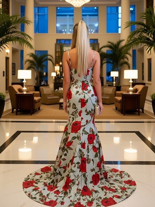 Mermaid Plunging Neck Floral Print Floor Length Prom Dresses with Bow