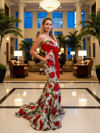 Mermaid Plunging Neck Floral Print Floor Length Prom Dresses with Bow