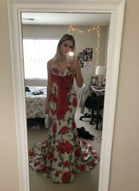 Mermaid Plunging Neck Floral Print Floor Length Prom Dresses with Bow